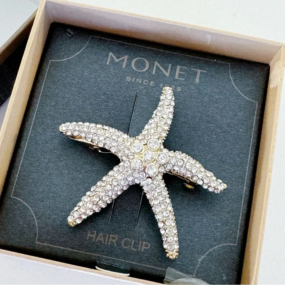 New In Box Monet Gold Tone Metal Textured Starfish Hair Clip